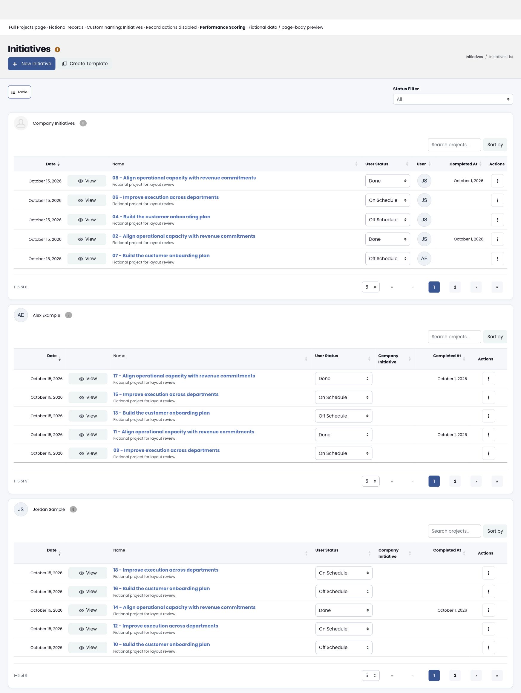 Full project list with company and owner groups, status controls and pagination
