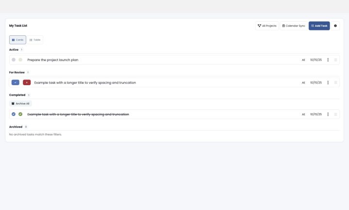 To-Do Management Fictional task list showing Active, For Review, Completed and Archived areas; approval and rejection buttons appear only in For Review.
