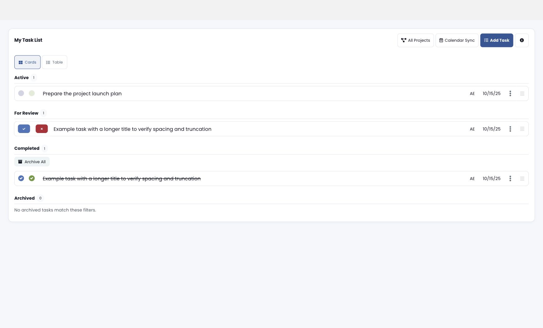 Task list showing Active, For Review, Completed and Archived sections