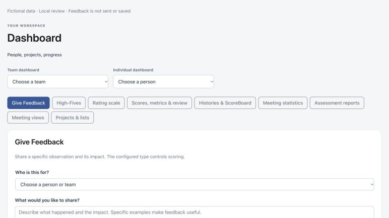 How to Give Feedback Fictional feedback composer with a specific observation field, optional context and attachment, and a configured feedback type.