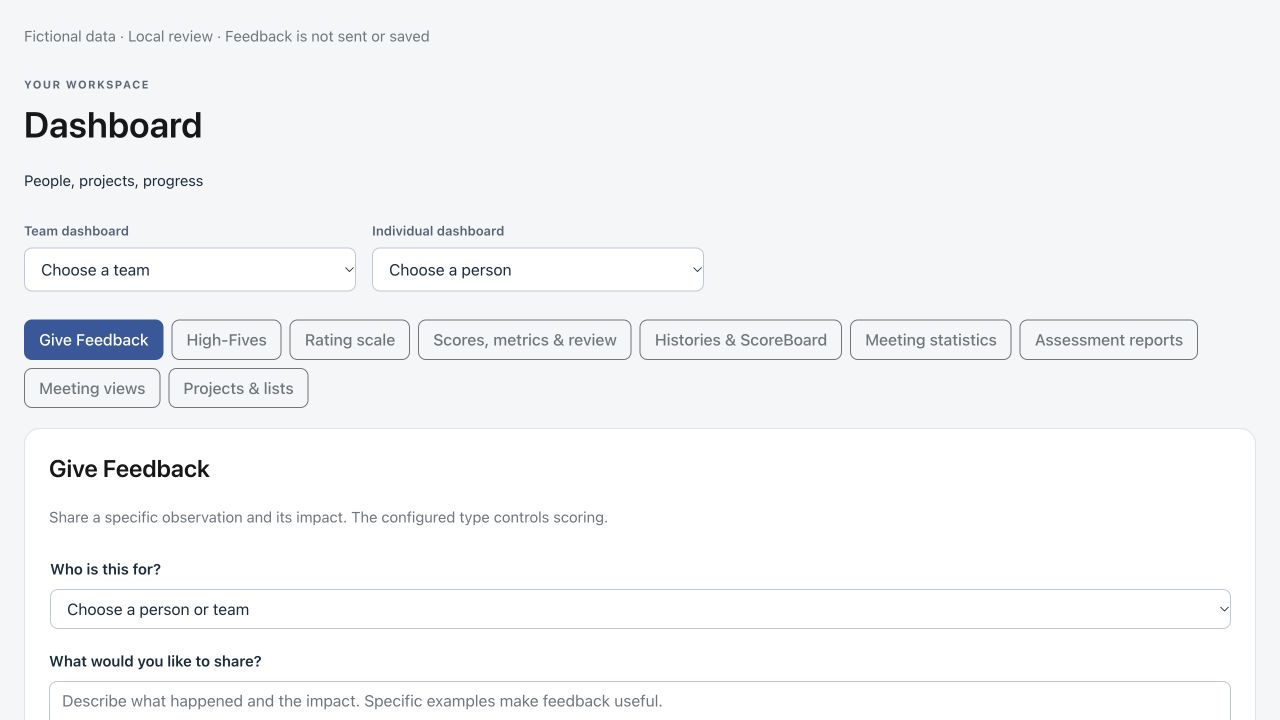 Fictional feedback composer with an observation field, optional context and attachment, and a configured feedback type